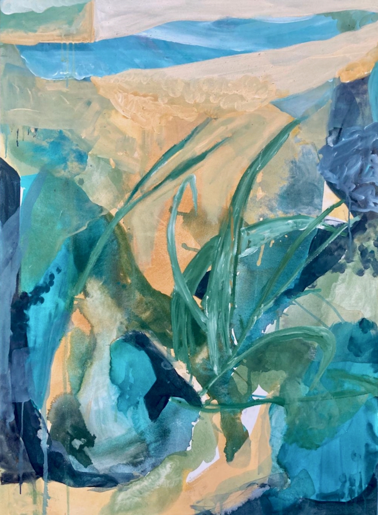 Down Through The Dunes - 89x120cm - Acrylic on mounted canvas - Cornwall coast painting with sand dunes and sea, soft pastel artwork by Brad Waters